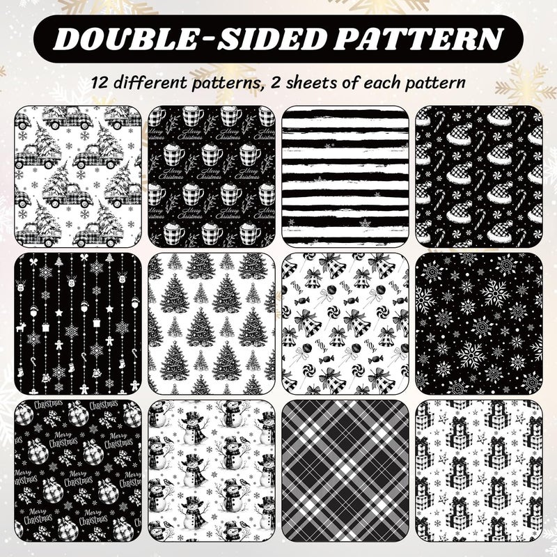 Feivando 24 Sheets Christmas Scrapbook Paper 12'' × 12'' Double-Sided Xmas Black Plaid Pattern Paper Decorative Art Cardstock for Holiday DIY Crafts Card Making Scrapbook Supplies - Image 3